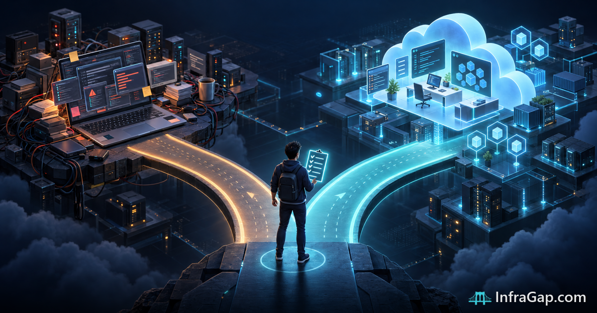 Illustration: a developer standing at a crossroads of two glowing paths