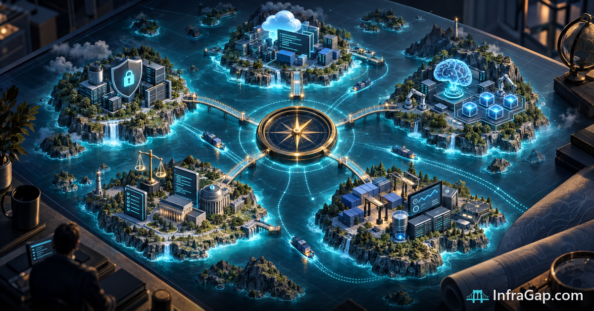 Illustration: an explorer's holographic map of linked islands for security, tools, AI agents and operations