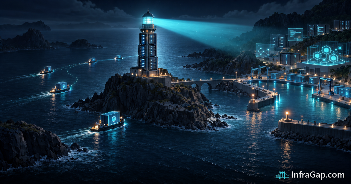 Illustration: a lighthouse made of server racks standing on a rocky coastline at night