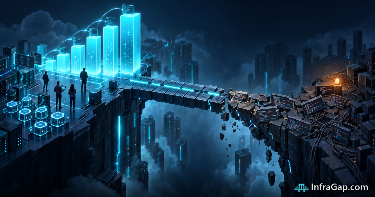 Illustration: towering AI adoption charts beside a cracking bridge of duplicated code blocks