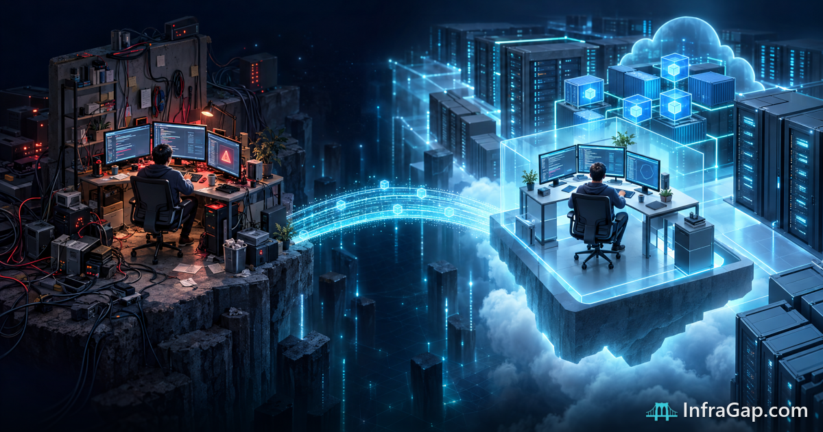 Illustration: a cluttered local workstation and its clean cloud replica, bridged across the infrastructure gap