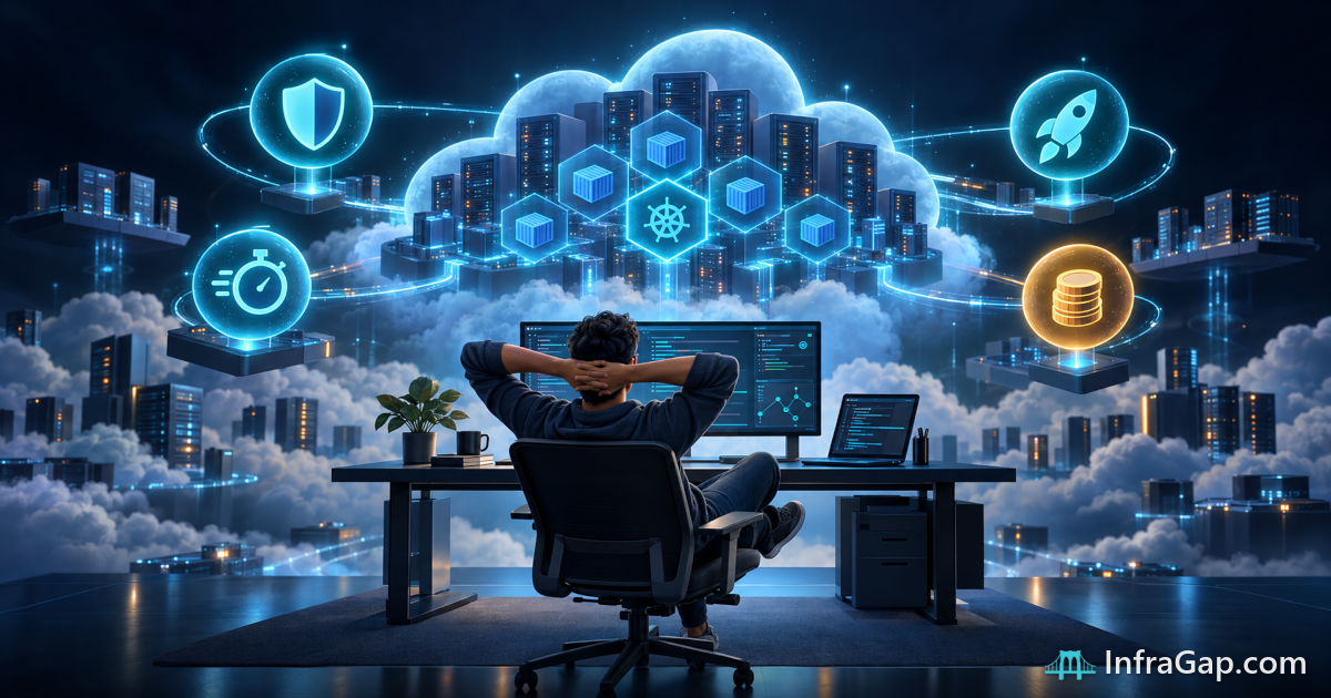Illustration: a developer at a clean, minimal desk relaxing while behind them a powerful cloud engine does the heavy lifting