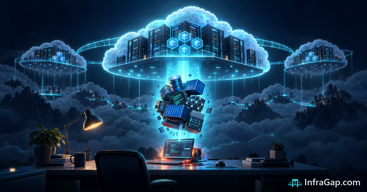 Illustration: containers and databases lifting off an overloaded laptop into a glowing cloud datacenter